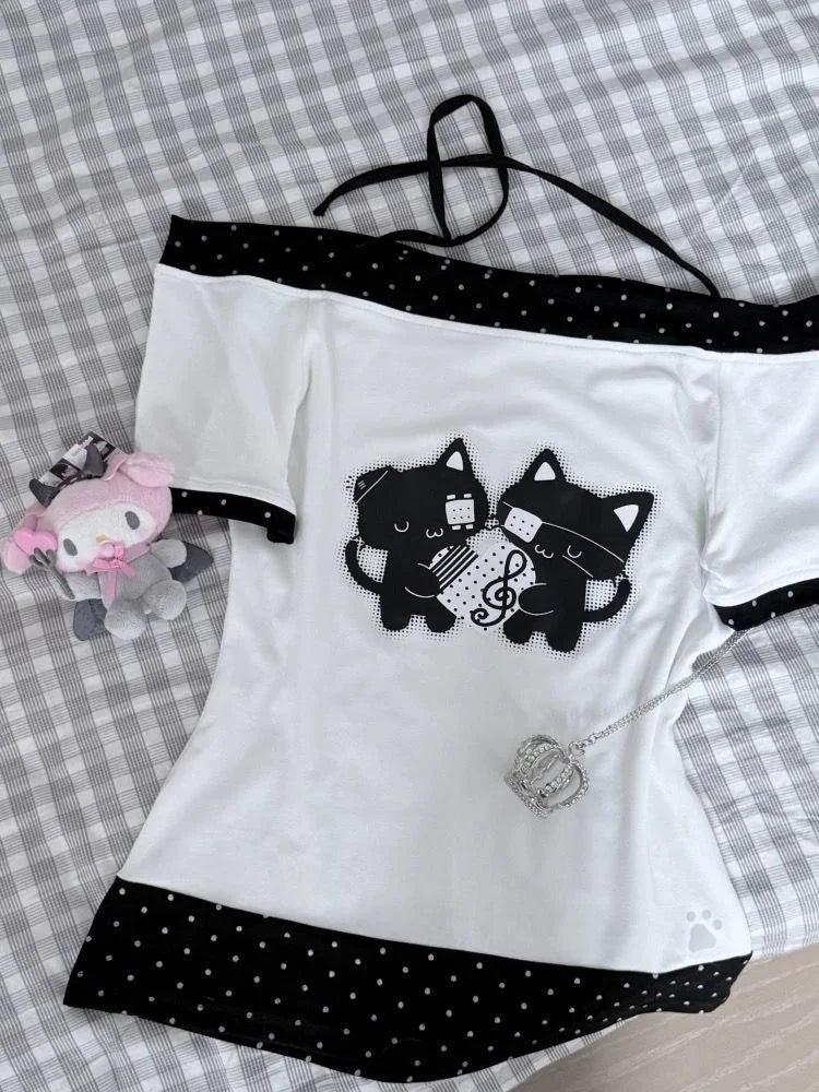 Trendy Cute Polka Dot ort Sve Waist Cinched Belted Fake Two-Piece Bow Tie One-oulder Top for Young Women Summer Wear