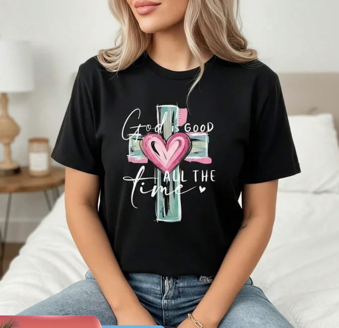 Women's Cotton Christian Graphic T-Shirt God Is Good All Time Cross Short Sleeve Tee Casual Loose Fit Top Faith Inspired Appar