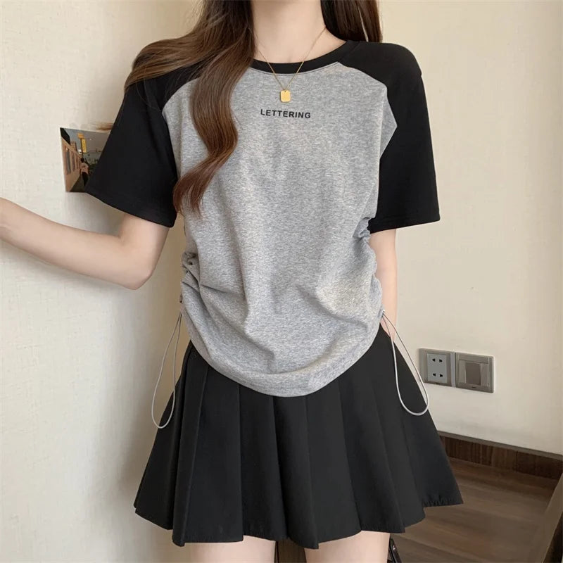Women's Raglan Sleeve T Shirt Letter Print Drawstring Ruched Casual Short Sleeve Crop Top for Summer