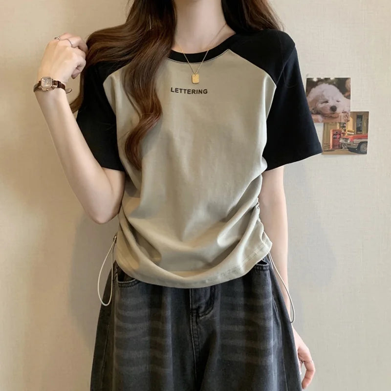 Women's Raglan Sleeve T Shirt Letter Print Drawstring Ruched Casual Short Sleeve Crop Top for Summer