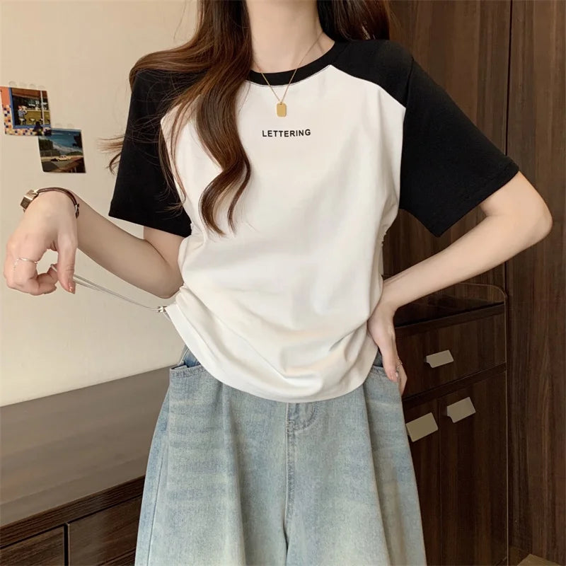Women's Raglan Sleeve T Shirt Letter Print Drawstring Ruched Casual Short Sleeve Crop Top for Summer