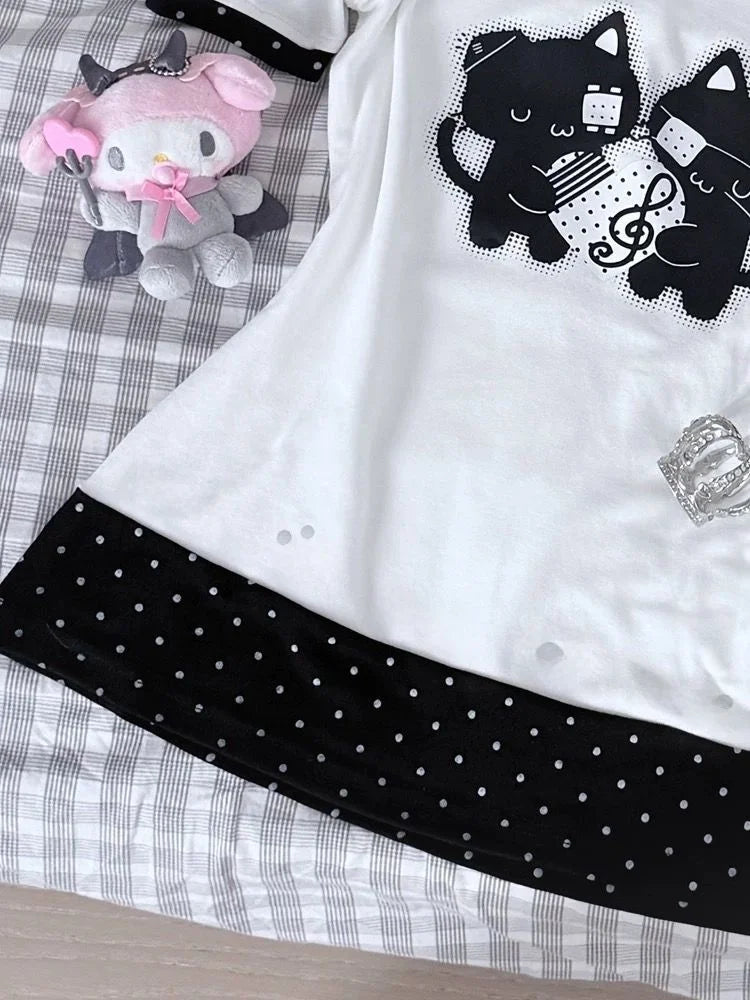 Trendy Cute Polka Dot ort Sve Waist Cinched Belted Fake Two-Piece Bow Tie One-oulder Top for Young Women Summer Wear