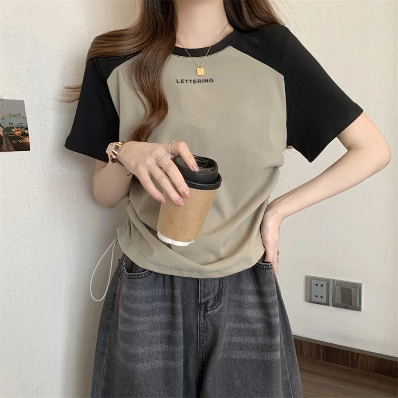 Women's Raglan Sleeve T Shirt Letter Print Drawstring Ruched Casual Short Sleeve Crop Top for Summer